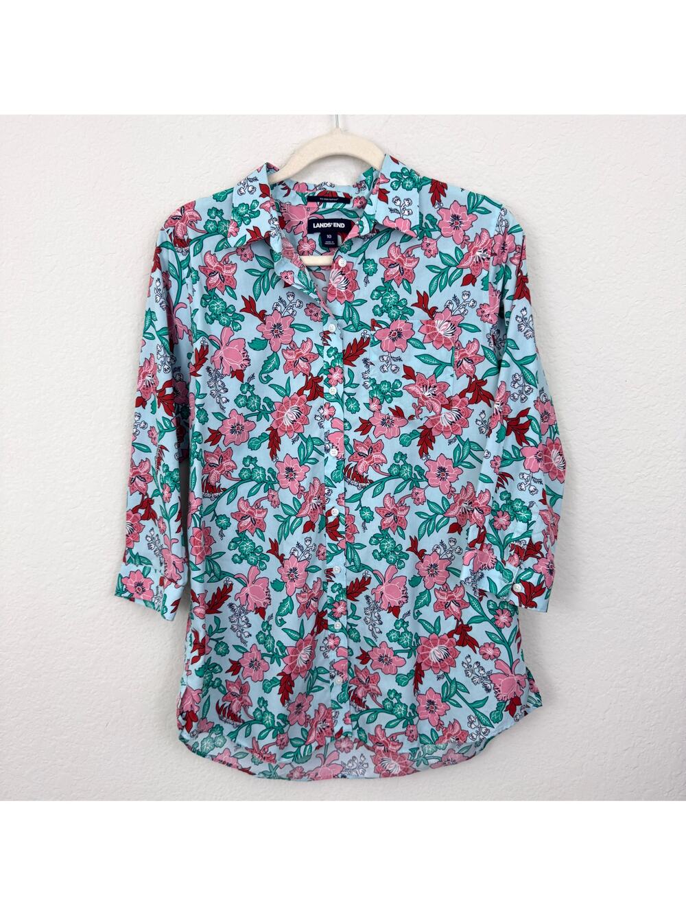 Lands End Womens No Iron Supima Button Shirt Top Size 10 Floral Cotton Green